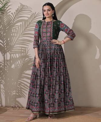 silk blend kalamkari fit & flared with  long length ethnic gown 4