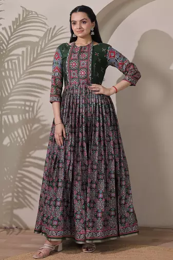 silk blend kalamkari fit & flared with  long length ethnic gown