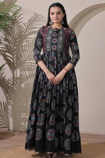 silk blend kalamkari fit & flared with  long length ethnic gown