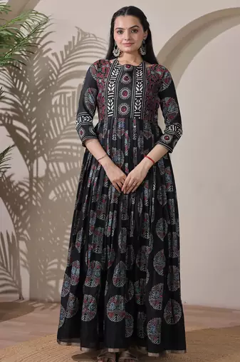 silk blend kalamkari fit & flared with  long length ethnic gown