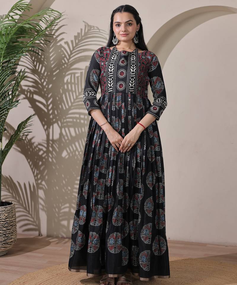 silk blend kalamkari fit & flared with  long length ethnic gown