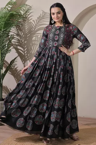 silk blend kalamkari fit & flared with  long length ethnic gown