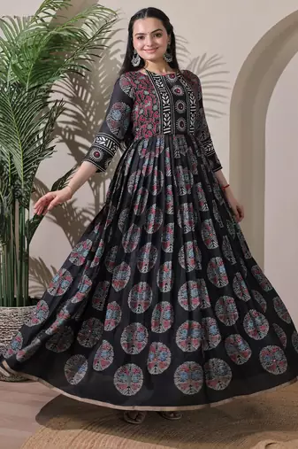 silk blend kalamkari fit & flared with  long length ethnic gown