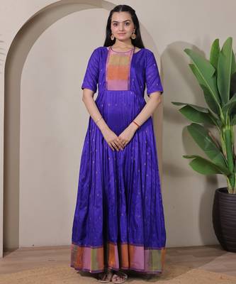 Blue zari weaving ethnic fit and flare weaving gown for women 1