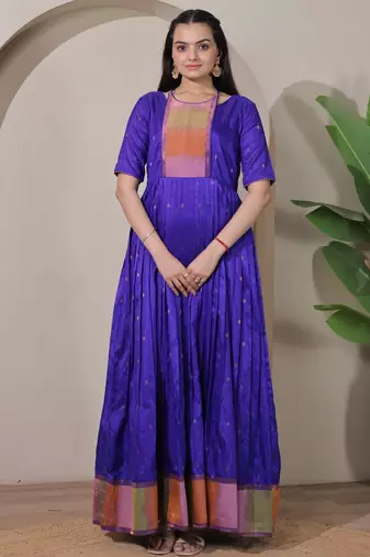 Blue zari weaving ethnic fit and flare weaving gown for women