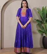 Blue zari weaving ethnic fit and flare weaving gown for women