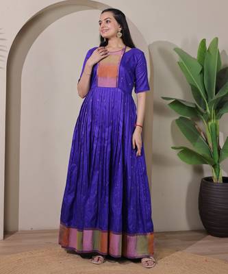 Blue zari weaving ethnic fit and flare weaving gown for women 2