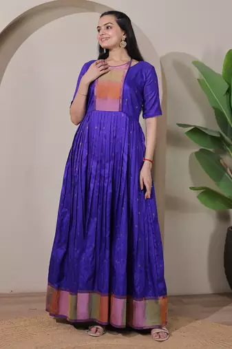 Blue zari weaving ethnic fit and flare weaving gown for women