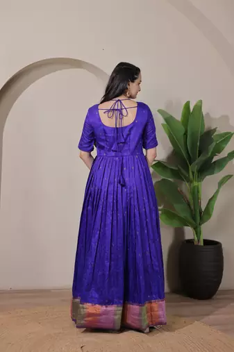 Blue zari weaving ethnic fit and flare weaving gown for women
