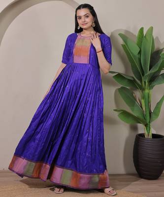 Blue zari weaving ethnic fit and flare weaving gown for women 4