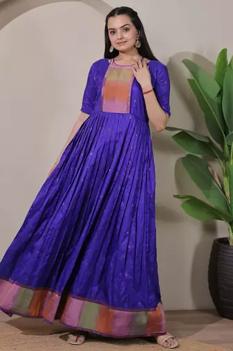 Blue zari weaving ethnic fit and flare weaving gown for women