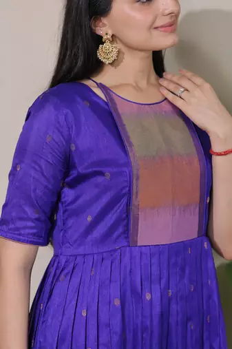 Blue zari weaving ethnic fit and flare weaving gown for women