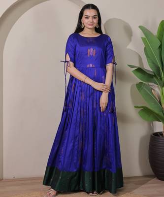 Blue zari weaving ethnic fit and flare weaving gown for women 1