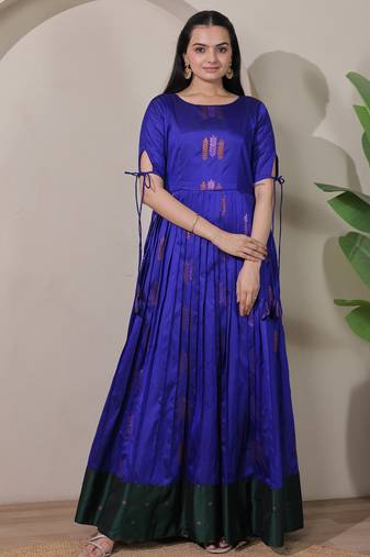 Blue zari weaving ethnic fit and flare weaving gown for women