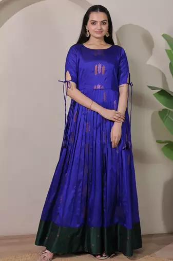 Blue zari weaving ethnic fit and flare weaving gown for women