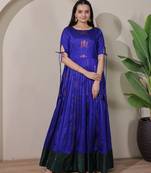 Blue zari weaving ethnic fit and flare weaving gown for women