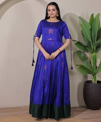 Blue zari weaving ethnic fit and flare weaving gown for women 2