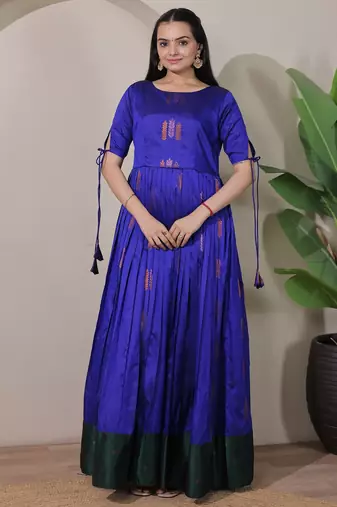 Blue zari weaving ethnic fit and flare weaving gown for women