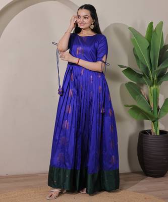 Blue zari weaving ethnic fit and flare weaving gown for women 3