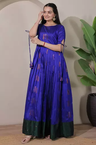 Blue zari weaving ethnic fit and flare weaving gown for women