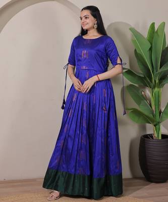 Blue zari weaving ethnic fit and flare weaving gown for women 4