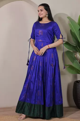 Blue zari weaving ethnic fit and flare weaving gown for women