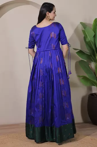 Blue zari weaving ethnic fit and flare weaving gown for women