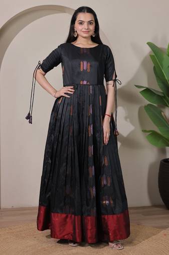 Black zari weaving ethnic fit and flare weaving gown for women