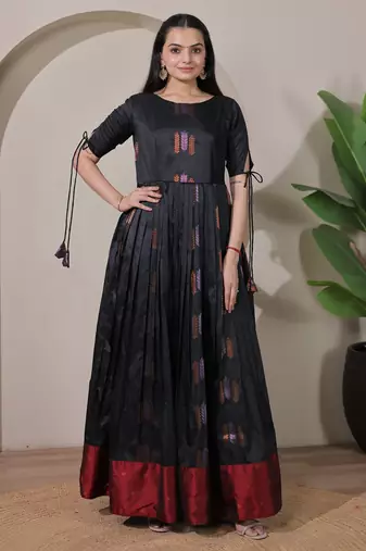 Black zari weaving ethnic fit and flare weaving gown for women