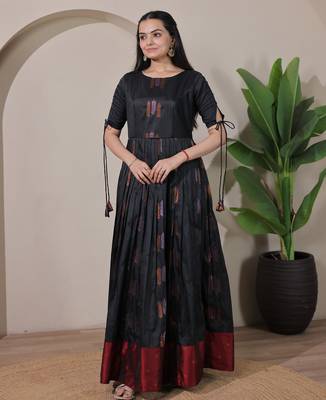 Black zari weaving ethnic fit and flare weaving gown for women 2