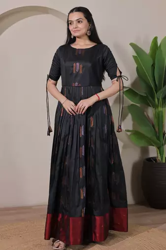Black zari weaving ethnic fit and flare weaving gown for women