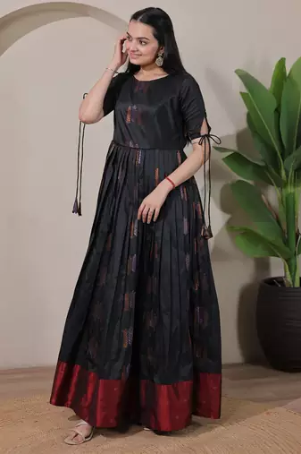 Black zari weaving ethnic fit and flare weaving gown for women