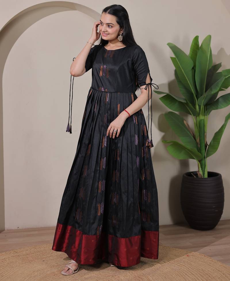 Black zari weaving ethnic fit and flare weaving gown for women
