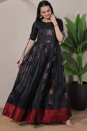 Black zari weaving ethnic fit and flare weaving gown for women