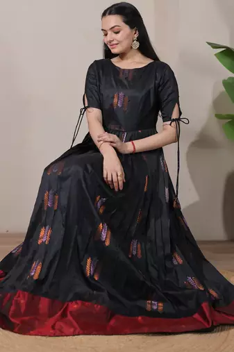 Black zari weaving ethnic fit and flare weaving gown for women