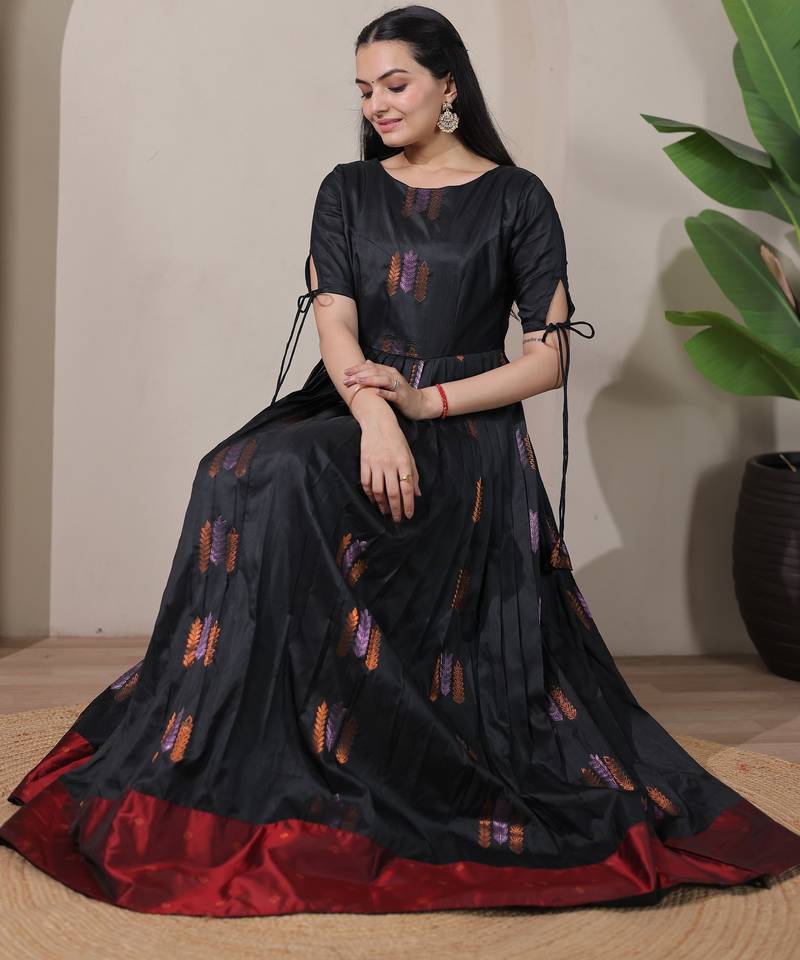 Black zari weaving ethnic fit and flare weaving gown for women