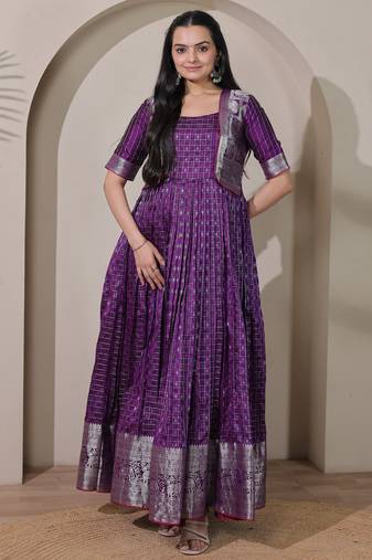 Purple zari weaving ethnic fit and flare weaving gown for women
