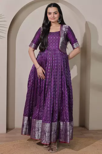 Purple zari weaving ethnic fit and flare weaving gown for women