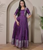 Purple zari weaving ethnic fit and flare weaving gown for women