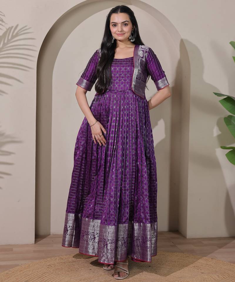 Purple zari weaving ethnic fit and flare weaving gown for women
