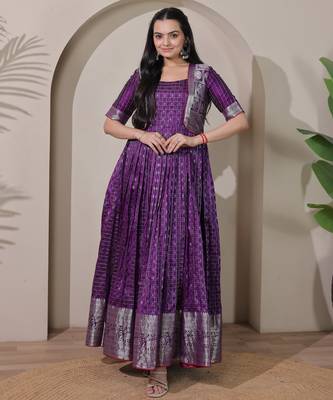 Purple zari weaving ethnic fit and flare weaving gown for women 2