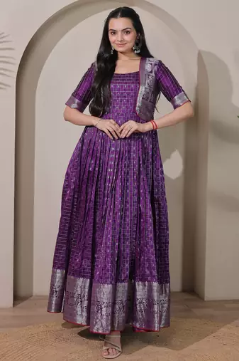 Purple zari weaving ethnic fit and flare weaving gown for women