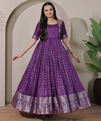 Purple zari weaving ethnic fit and flare weaving gown for women 3