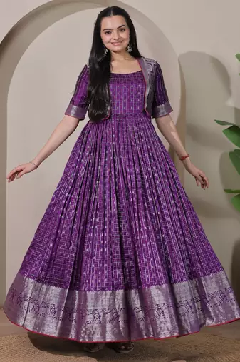 Purple zari weaving ethnic fit and flare weaving gown for women