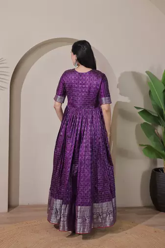 Purple zari weaving ethnic fit and flare weaving gown for women