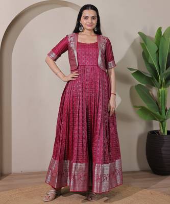 Wine zari weaving ethnic fit and flare weaving gown for women 1