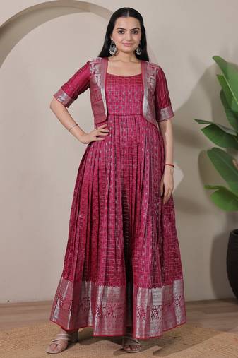 Wine zari weaving ethnic fit and flare weaving gown for women