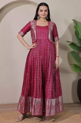 Wine zari weaving ethnic fit and flare weaving gown for women