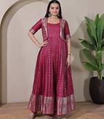 Wine zari weaving ethnic fit and flare weaving gown for women