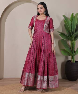Wine zari weaving ethnic fit and flare weaving gown for women 2